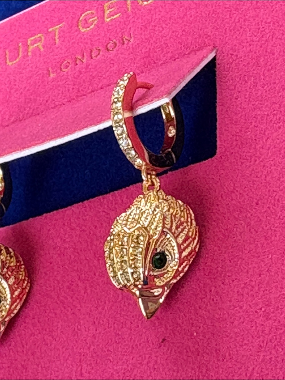 Kurt Geiger Gold Crystal Turtle Head Drop Earrings with Green Eyes - Picture 2 of 4